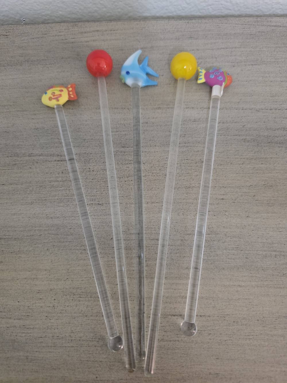 Clear Stirring Sticks with Colorful Fish and Round Tops  Multi-Color